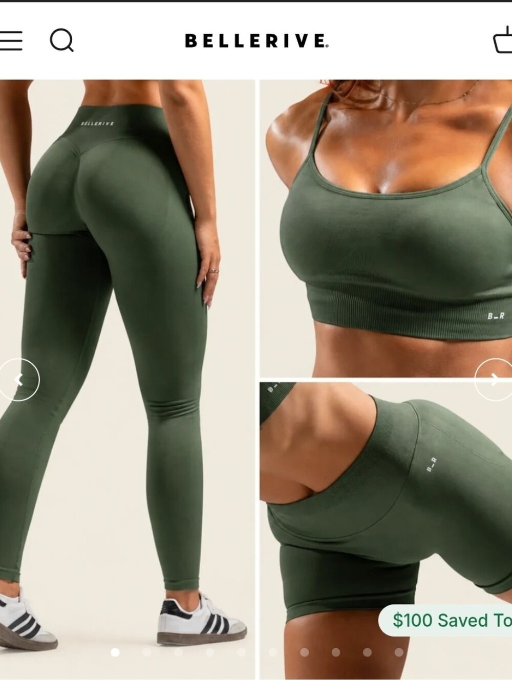 Bellerive Olive Green Ribbed 3pc Set (Sports bra, shorts, leggings) NWT